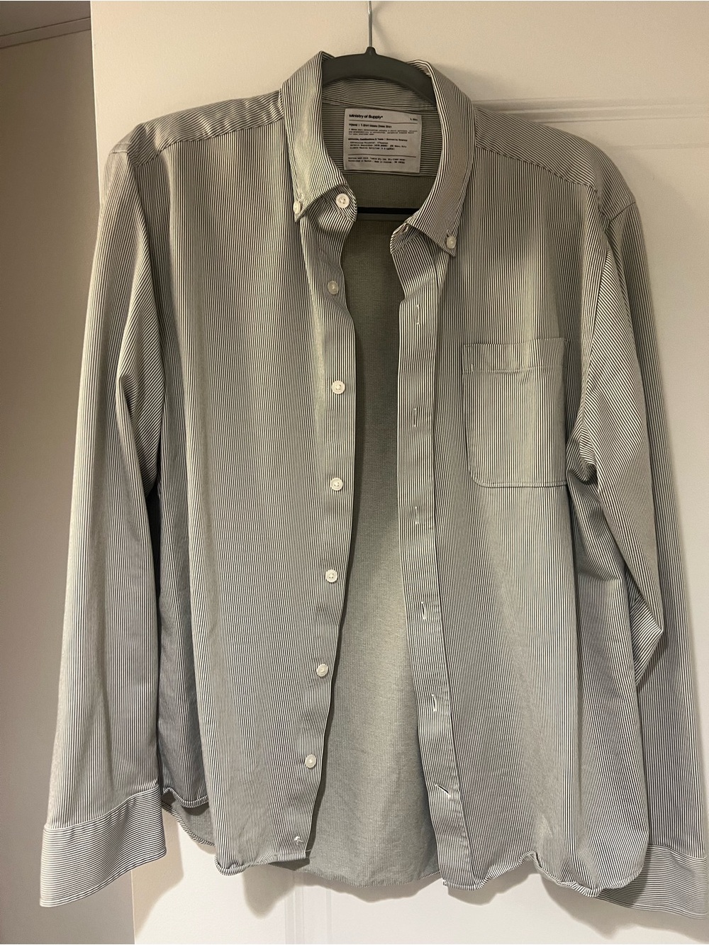 Ministry of Supply: Men's Button-Down Shirt - Light Olive Stripe - Size L Slim